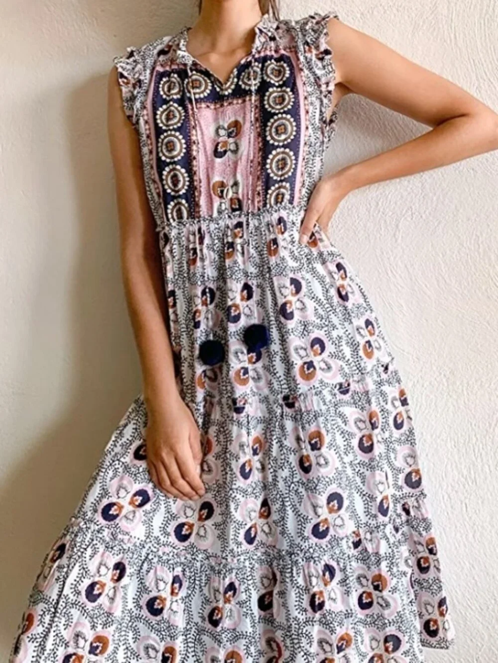 FIGUE Clara Tiered Midi Dress in Water Lily Brown Flowy Boho Sleeveless Shift LG
